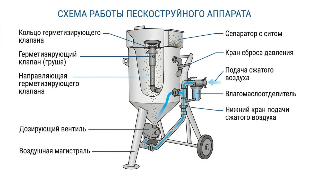 Принцип работы пескоструйного аппарата: схема и устройство Принцип работы пескоструйного аппарата: схема и устройство